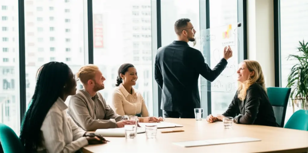 Reunião de equipe energizada com colaboradores diversos e sorridentes, usando post-its coloridos em um quadro branco, simbolizando a colaboração e as ideias inovadoras.