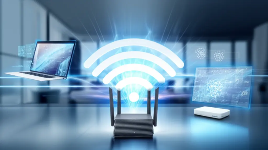 Ilustração do logo Wi-Fi 6 com ondas de sinal e dispositivos conectados, representando a evolução da conectividade sem fio.